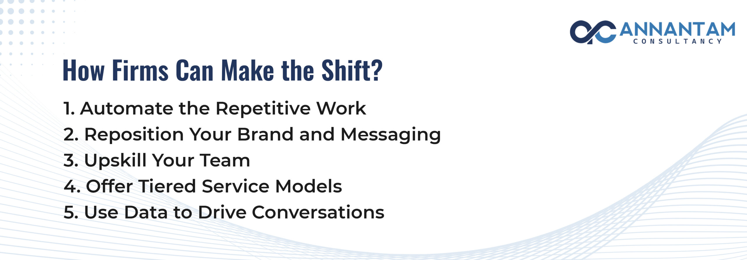 Annantam Slide listing five ways firms can shift to advisory services: automate repetitive work, reposition brand messaging, upskill teams, offer tiered service models, and use data to drive conversations.